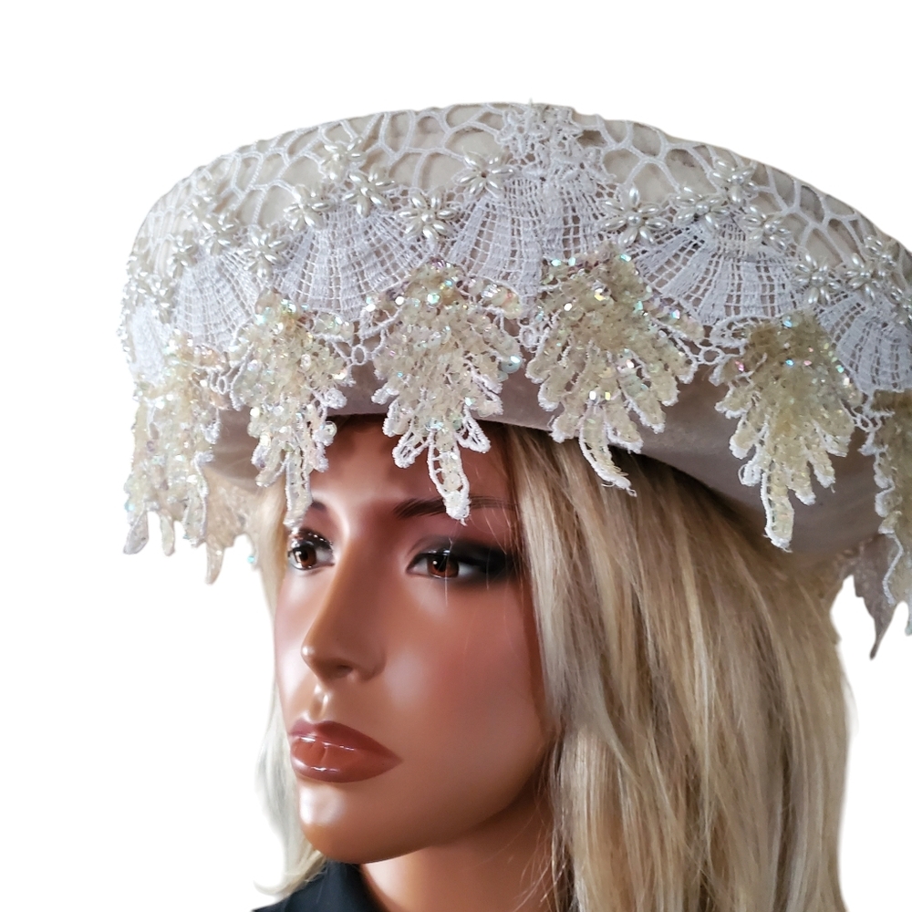 Vintage Mr John Classic Winter White Event Hat Lace Pearls Church Wedding Bride